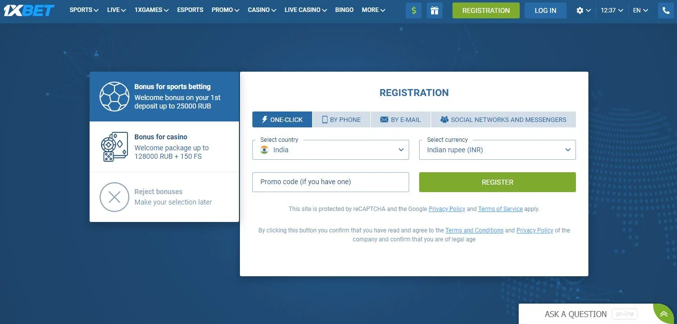 Registration on the official 1xBet website