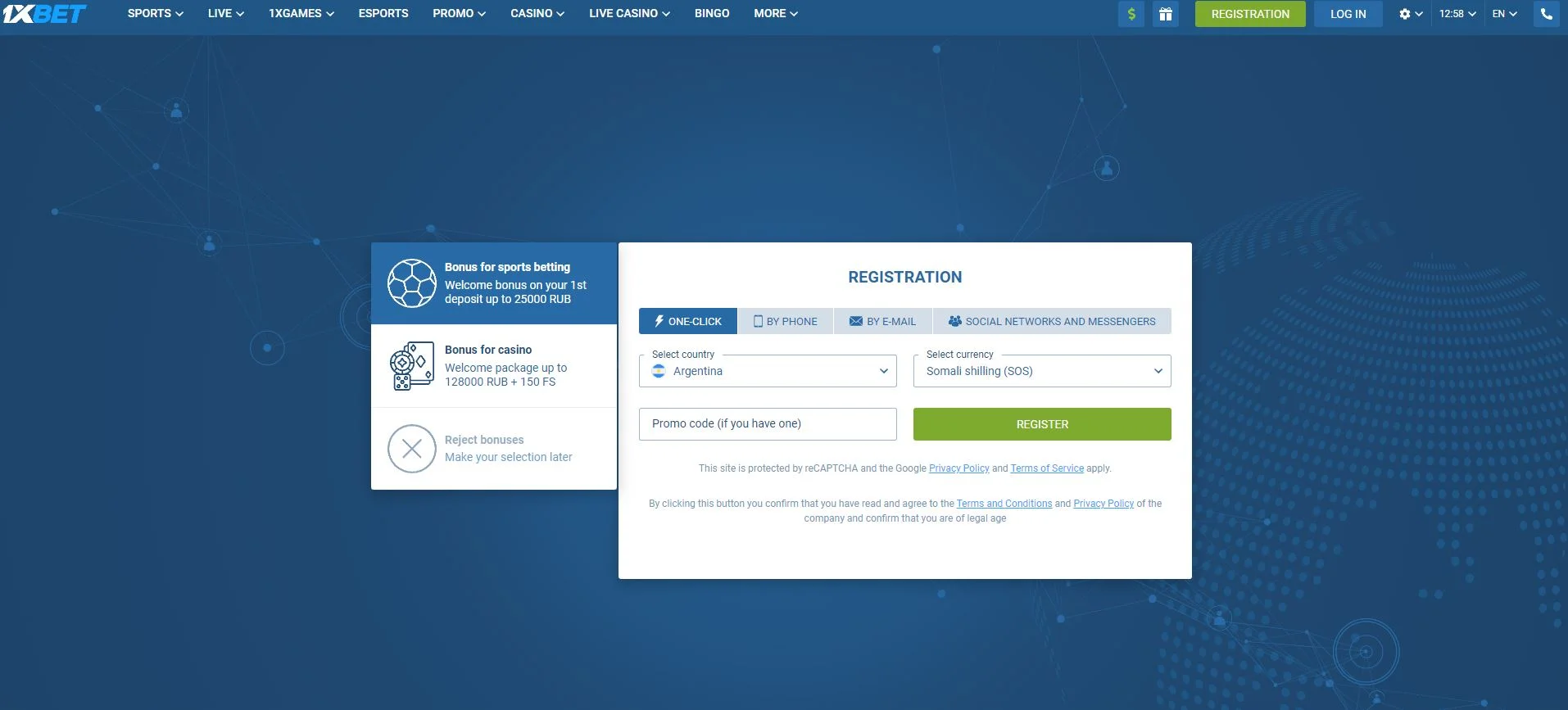 Registration on the official 1xBet website